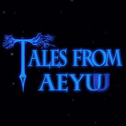 Logo for “Tales from Aeyuu” in glowing blue fantasy-style text. The "T" is stylized with branching, lightning-like roots at the top, and the "U" at the end of “Aeyuu” appears doubled and blurred, giving it a magical or distorted effect. The background is d